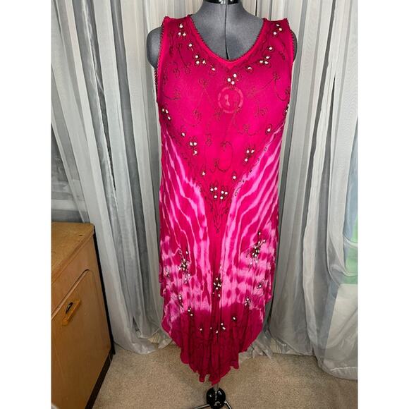 Sun dress tie dye muu muu boho pink fuchsia embroidered sequins - Picture 1 of 9